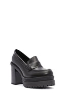 Women's Black Thick Heeled Leather Masculine Loafer | Derimod