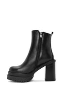 Women's Black Zippered High Thick Leather Heeled Boots | Derimod