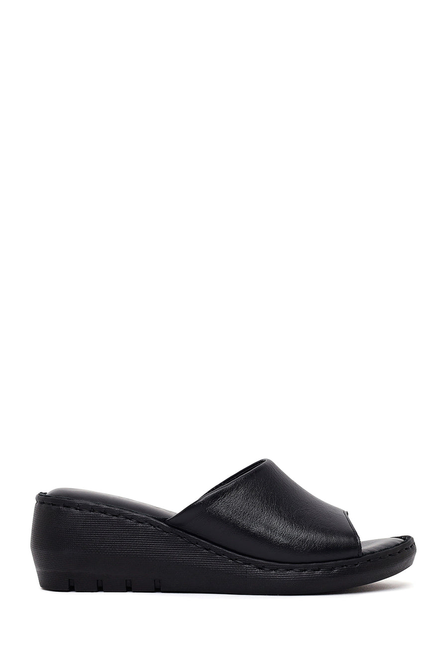 Woman Black Wedge Heel Leather Comfort Slipper 26SFD321518 | Derimod