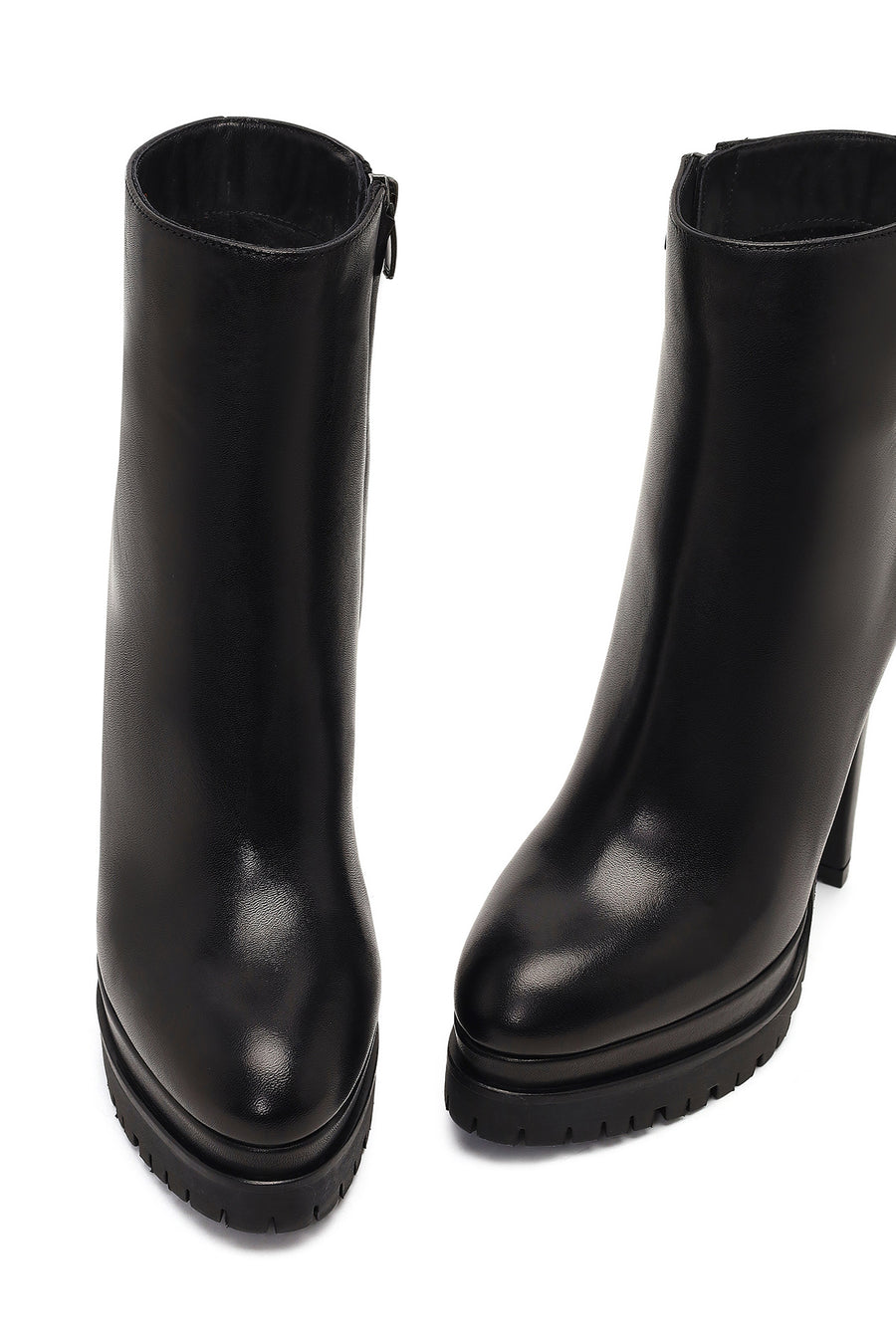 Woman Black Zip Closure Platform High Thick-Heeled Leather Boots