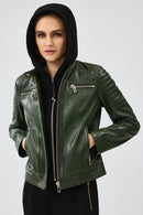 Zoom Women's Khaki Hooded Short Leather Jacket | Derimod