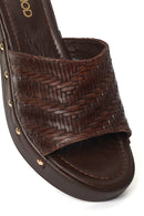 Women's Brown Patterned Short Chunky Heel Leather Slippers | Derimod