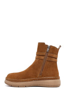 Woman Tan Zippered Suede Leather Teddy Bot | Derimod