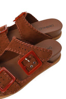 Woman Brown Double-Buckle Suede Slippers | Derimod