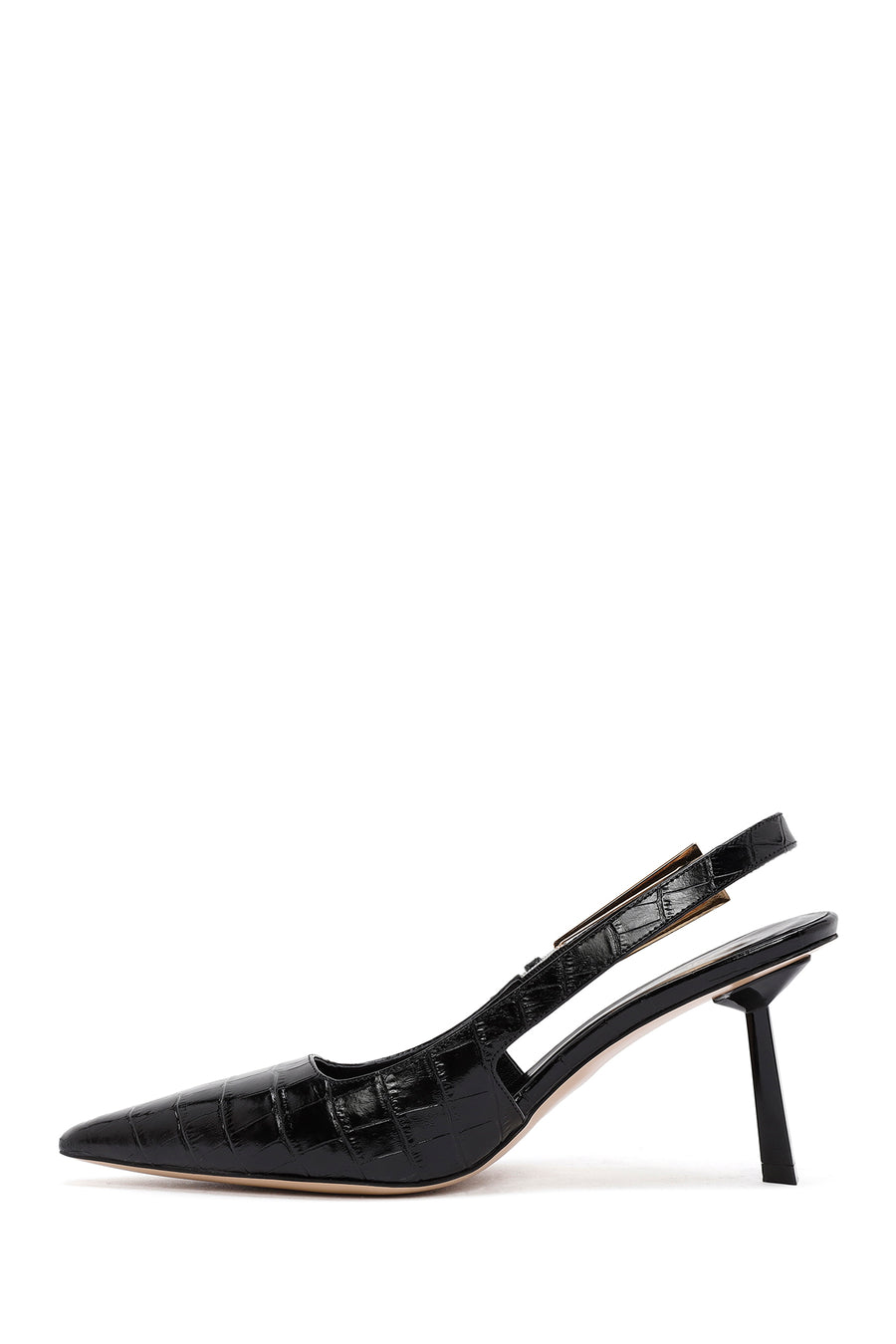 Women's Black Crocodile Patterned Open Back Thin Heeled Leather Shoes
