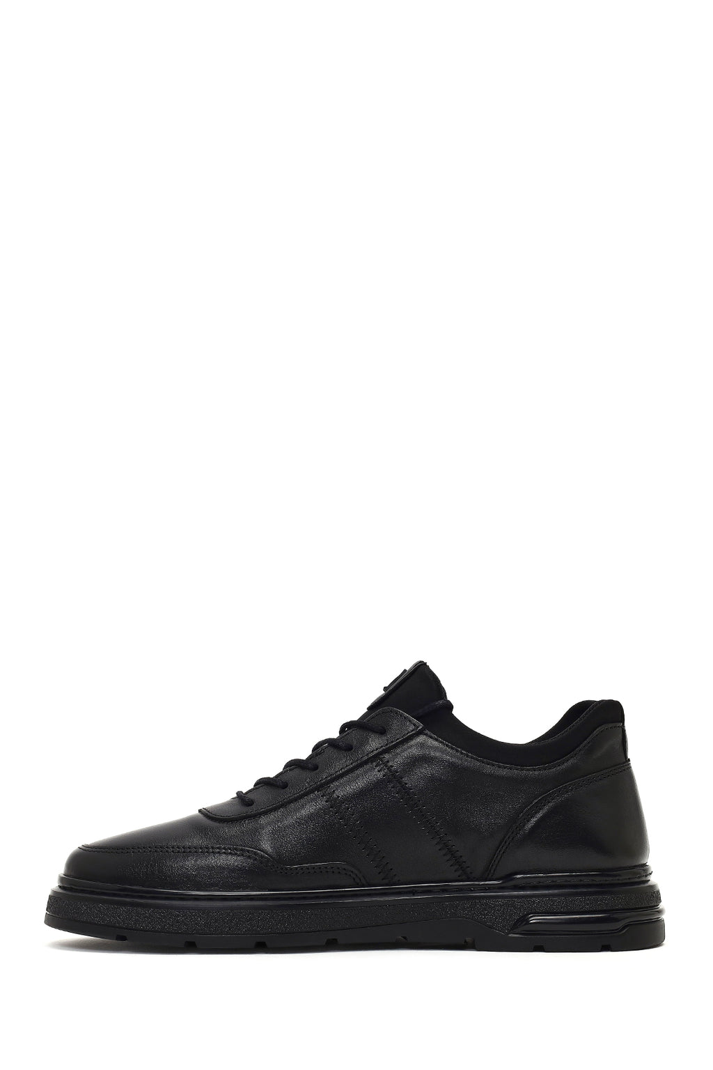 Erkek Siyah Bağcıklı Kalın Tabanlı Deri Sneaker