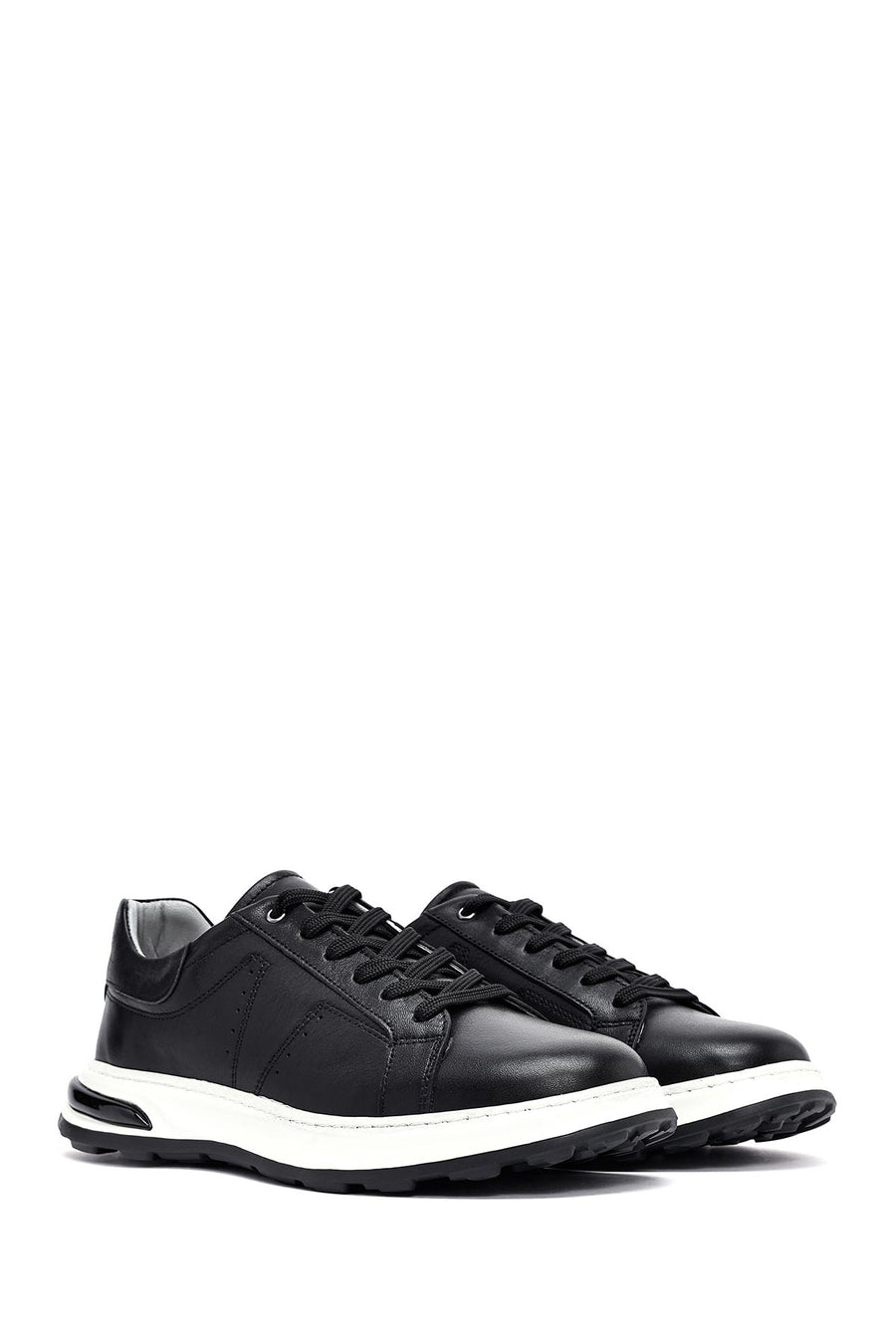 Erkek Siyah Bağcıklı Kalın Tabanlı Deri Sneaker