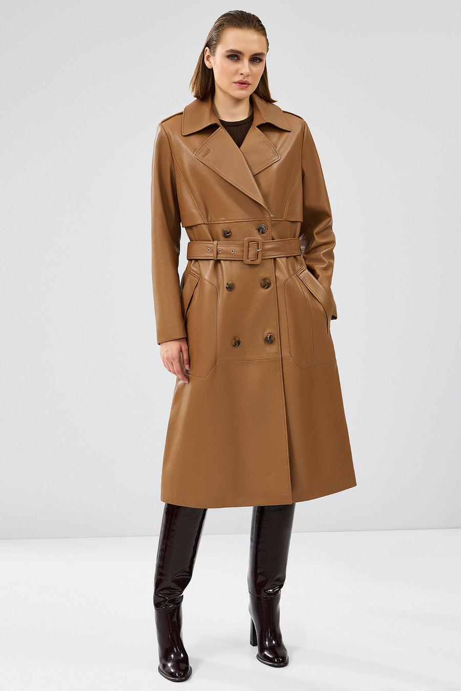 Natalia Women's Brown Leather Trench Coat