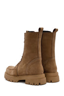 Women's Camel Zippered Nubuck Leather Combat Boots | Derimod