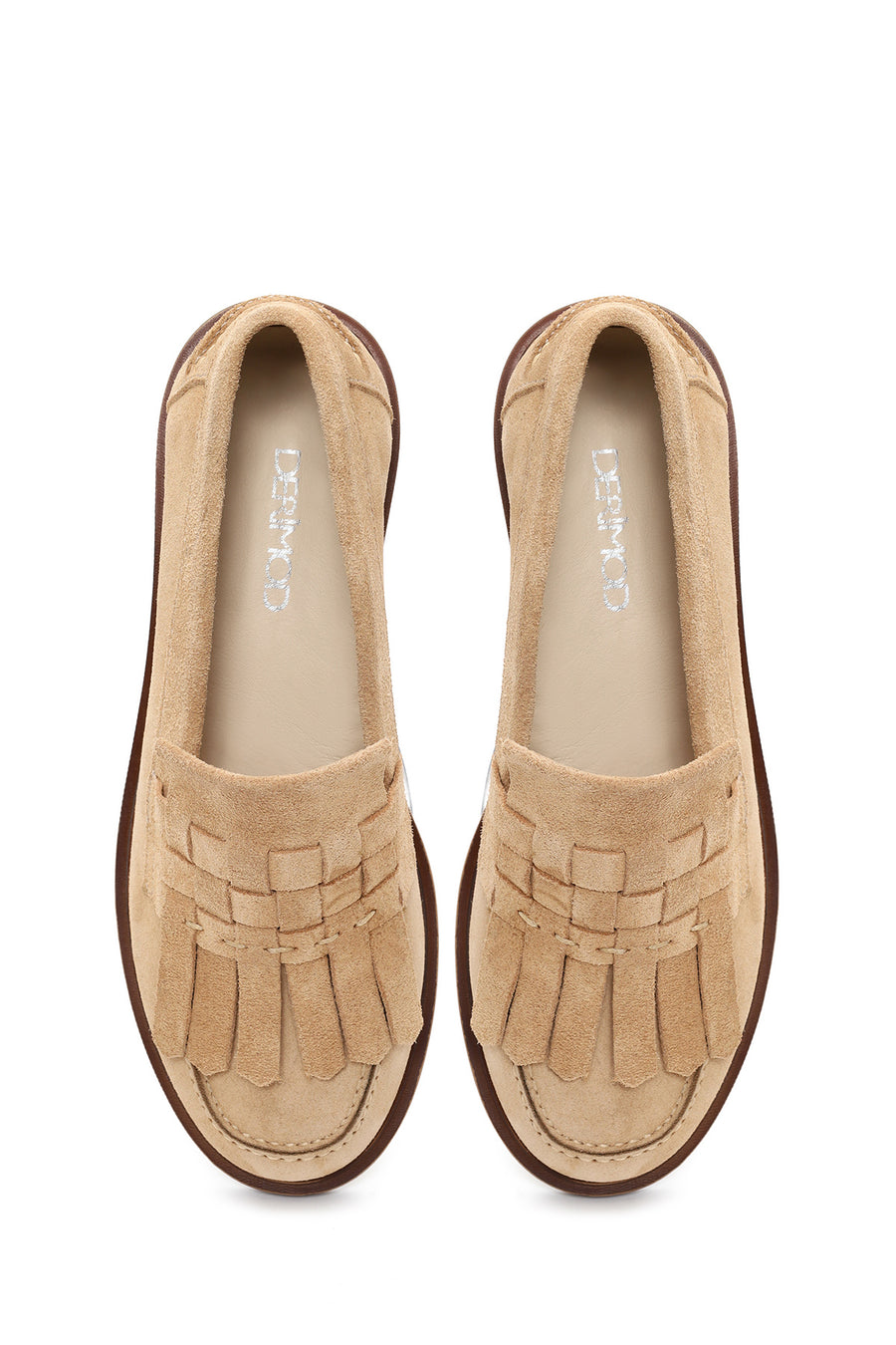 Woman Beige Tasselled Suede Leather Loafers