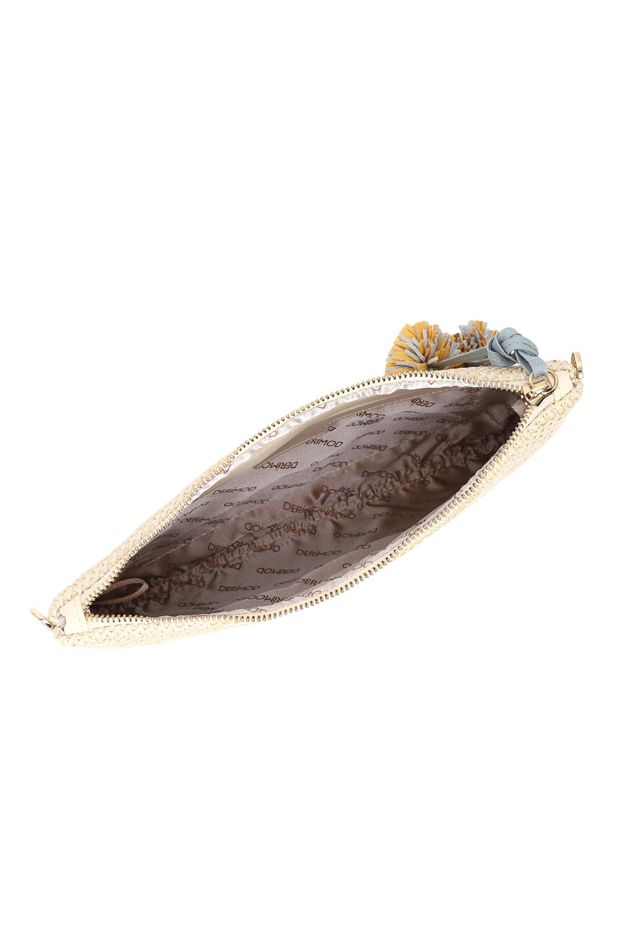 Woman Light Beige Wicker Clutch Bag with Long Chain Strap