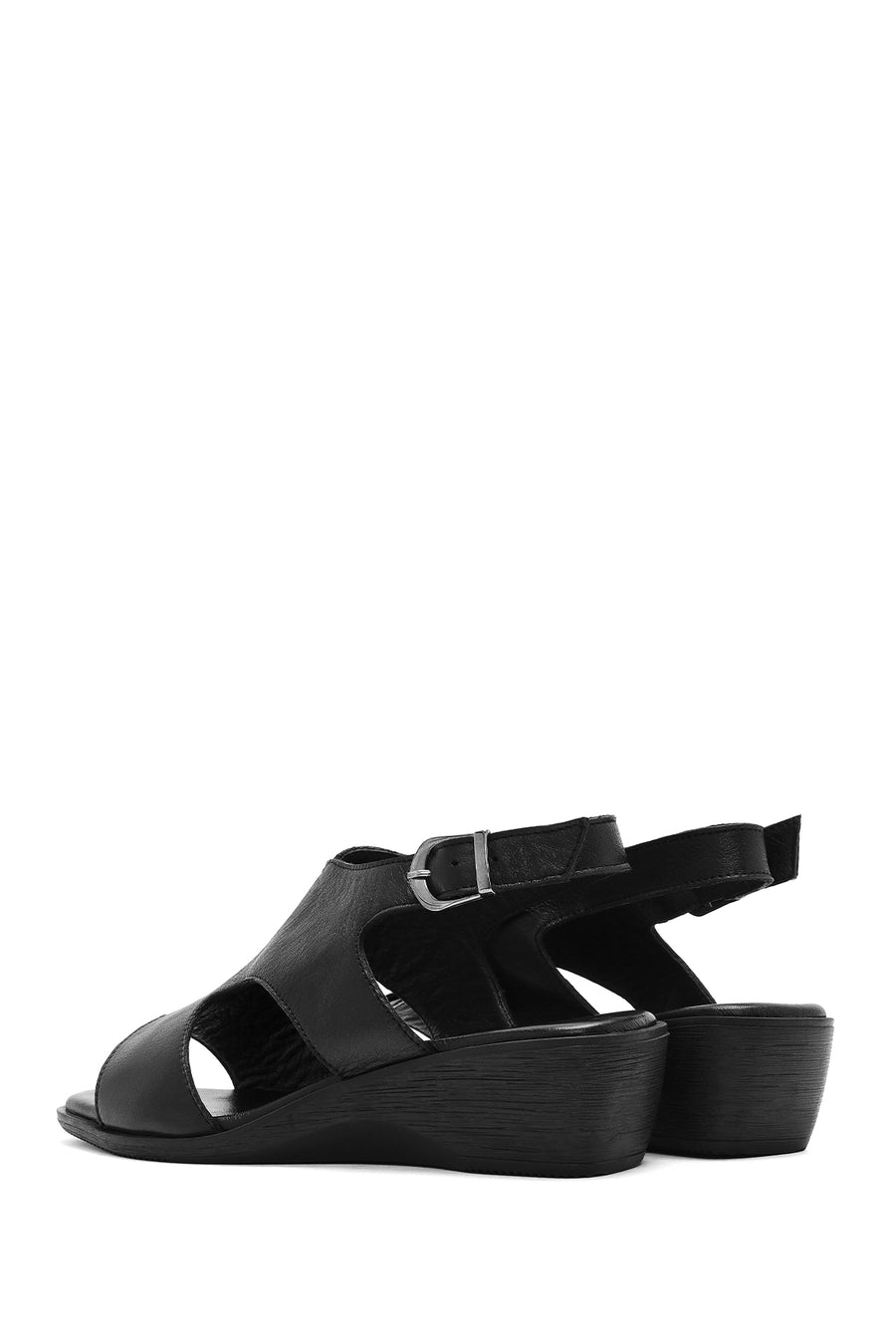Women's Black Wedge Heeled Leather Sandals