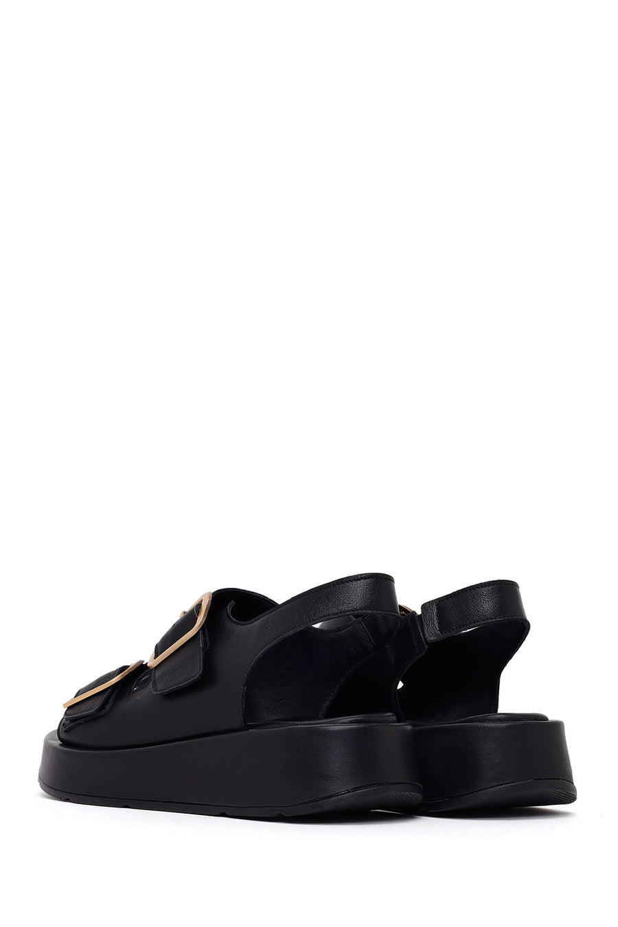 Woman Black Double-Buckle Thick-Soled Leather Comfort Sandals