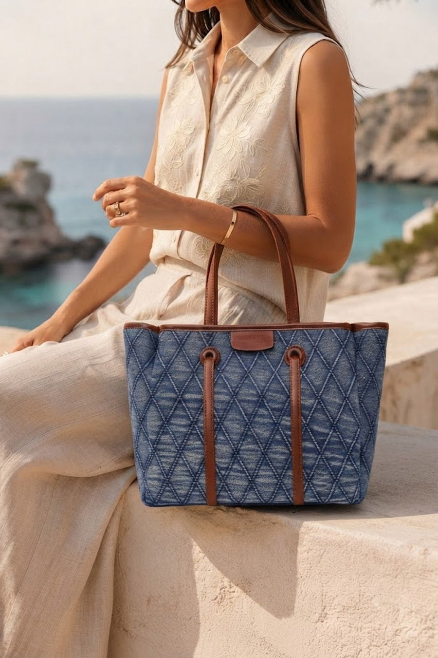 Woman Blue Jean Fabric Long-Strap Shoulder Bag