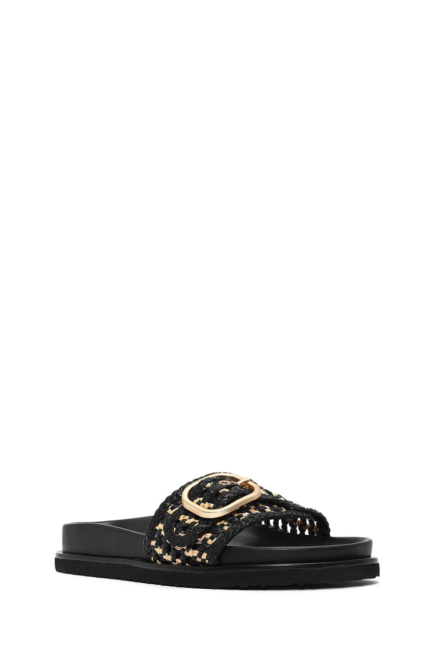 Women's Black Buckled Straw Leather Slippers