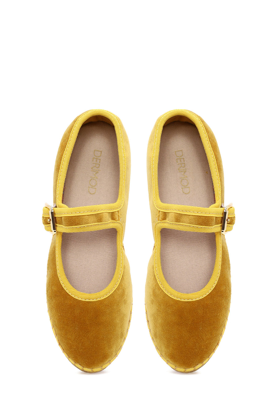 Woman Yellow Buckled Fabric Mary Jane Ballerine flats