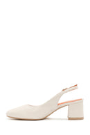 Women's Cream Thick Heeled Open Back Leather Shoes | Derimod