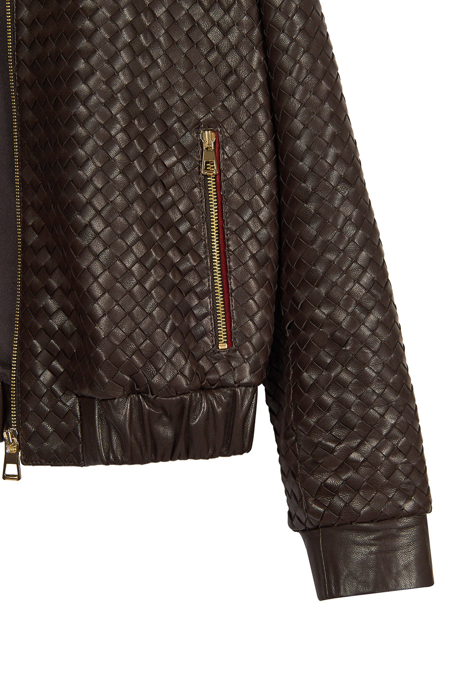Della Woman Brown Woven-Pattern Short Leather Jacket