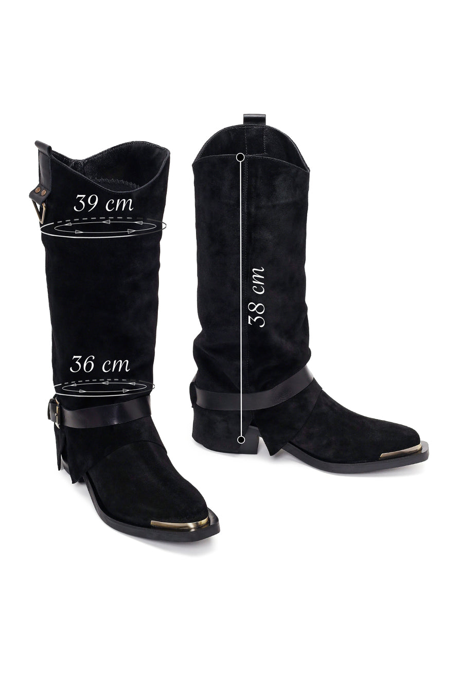 Woman Black Thick-Heeled Suede Leather Cowboy Boots