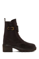 Woman Brown Zip Closure Thick-Heeled Leather Combat Boots | Derimod