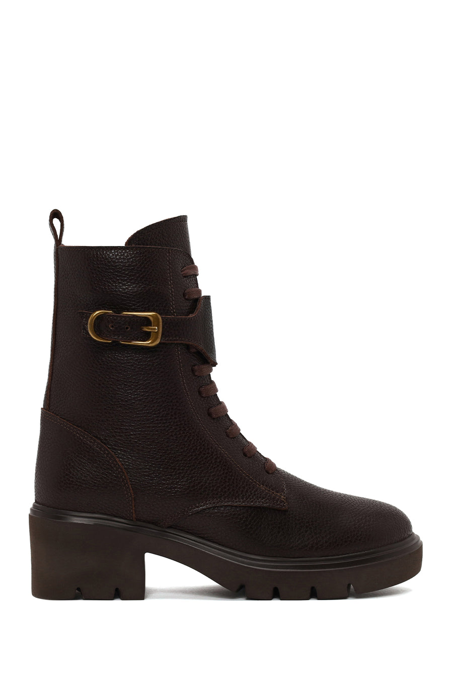 Woman Brown Zip Closure Thick-Heeled Leather Combat Boots WF180025DF | Derimod