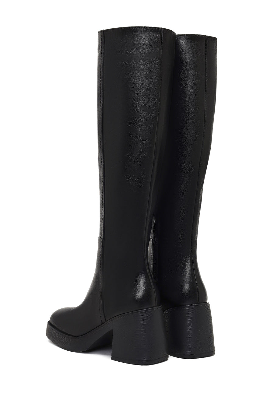 Woman Black Zip Closure Chunky Heeled Leather Boots