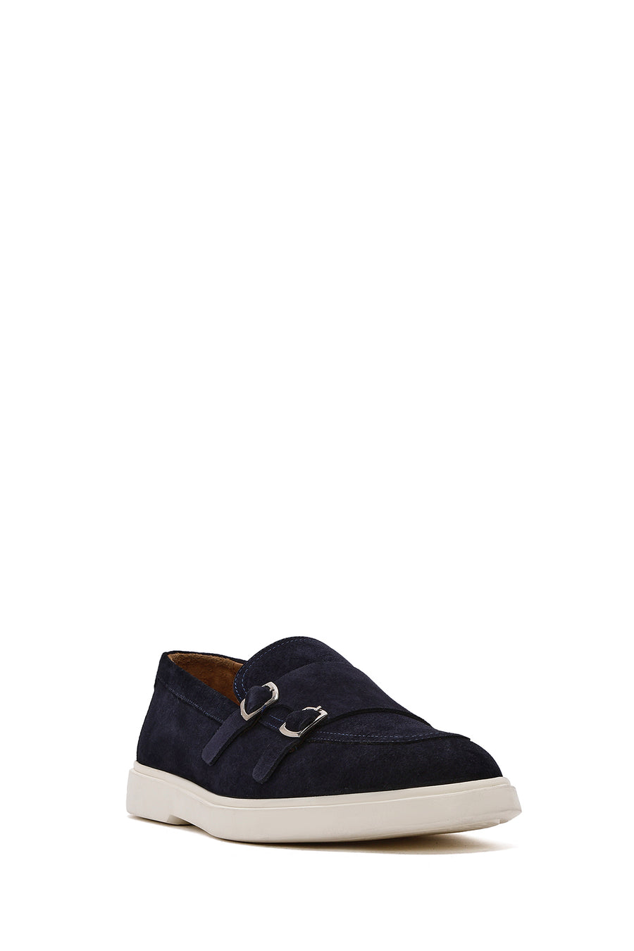 Men's Navy Blue Double Buckle Suede Leather Loafer