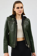 Zoom Women's Khaki Hooded Short Leather Jacket | Derimod