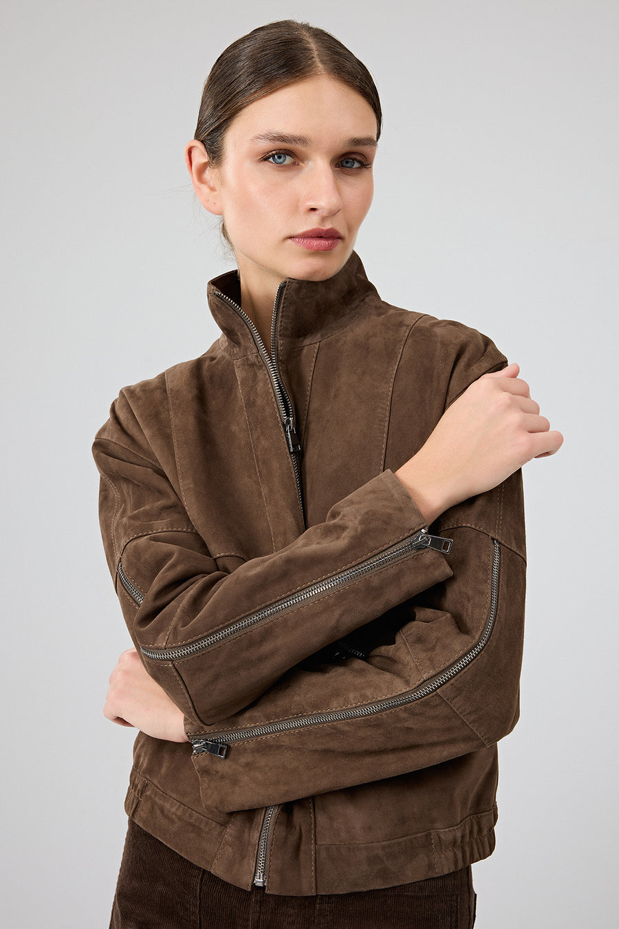 Gina Women's Brown Stand Collar Oversize Short Suede Leather Jacket