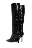 Women's Black Crocodile Patterned Thin Heeled Leather Boots | Derimod