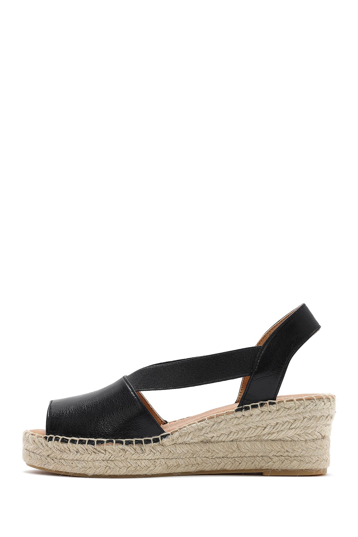 Kadın Siyah Dolgu Topuklu Deri Espadril Sandalet