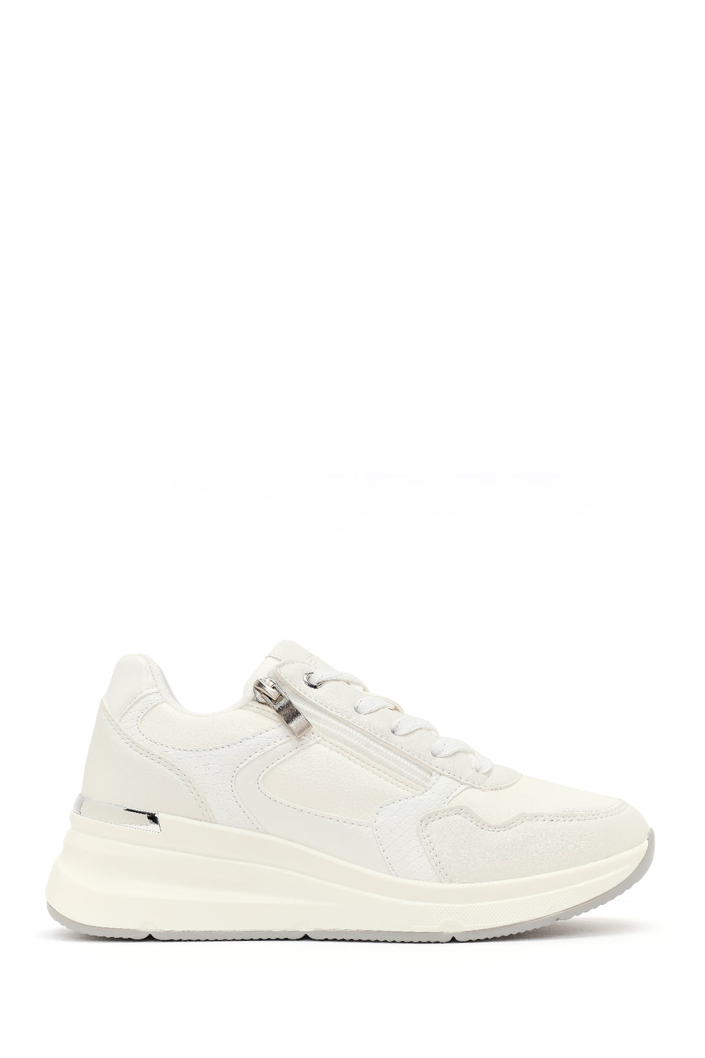 Kadın Beyaz Yandan Fermuarlı Bağcıklı Kalın Tabanlı Sneaker