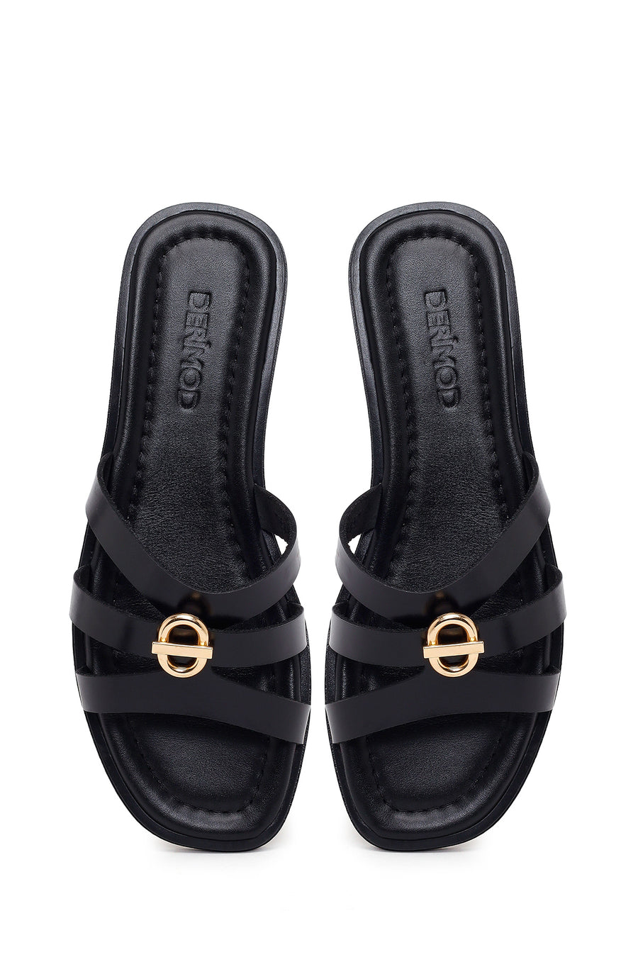 Woman Black Buckled Leather Slippers