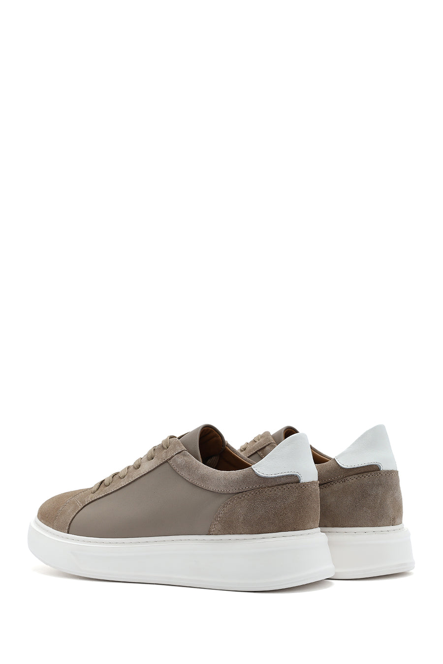 Erkek Bej Bağcıklı Deri Sneaker