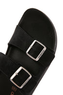 Men's Black Double Buckle Suede Leather Slippers | Derimod