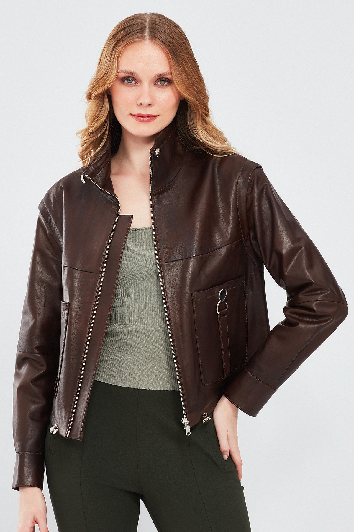 Edwina Women's Brown Leather Jacket with Removable Sleeves 24SGD5165HN | Derimod