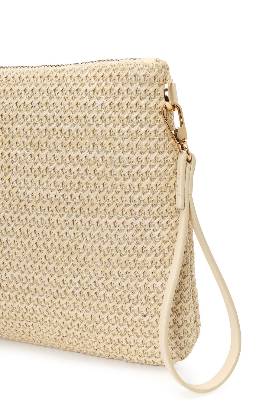 Woman Light Beige Wicker Clutch Bag with Long Chain Strap