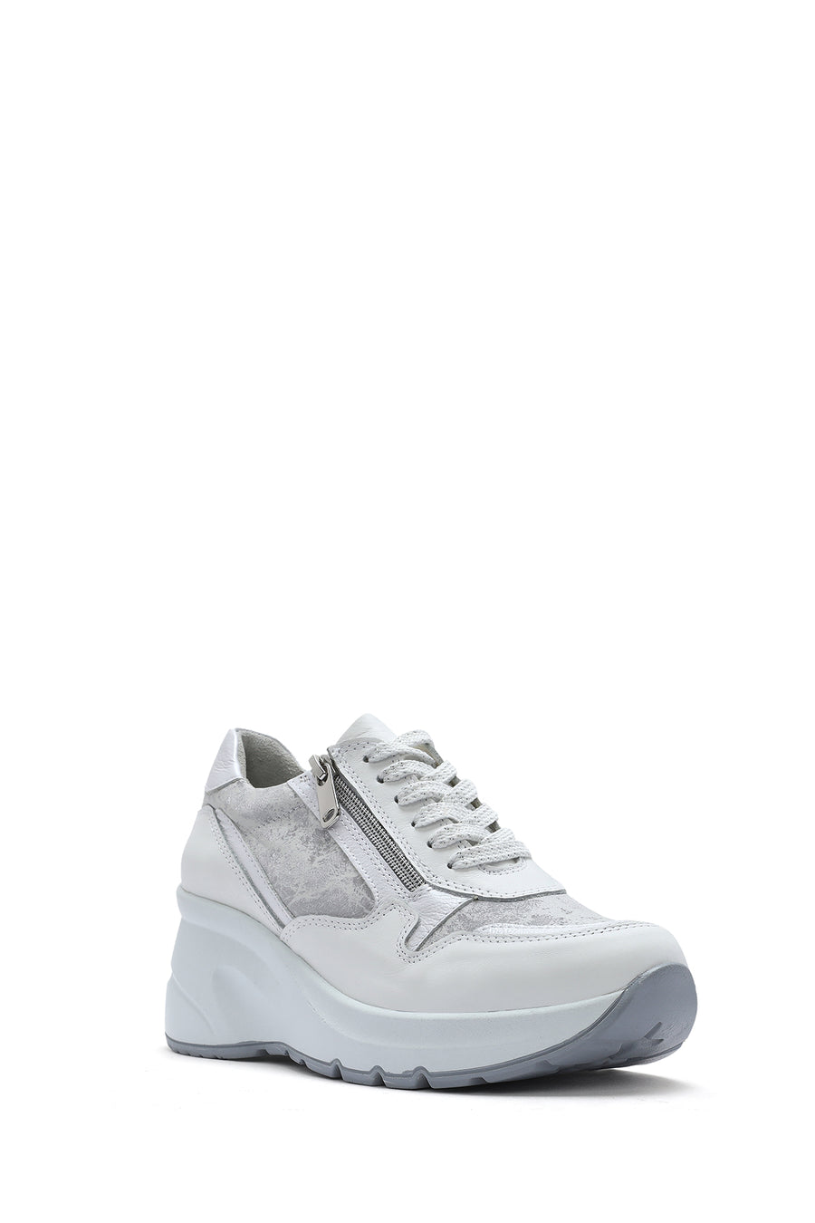 Women's White Wedge Heeled Lace-up Leather Sneaker