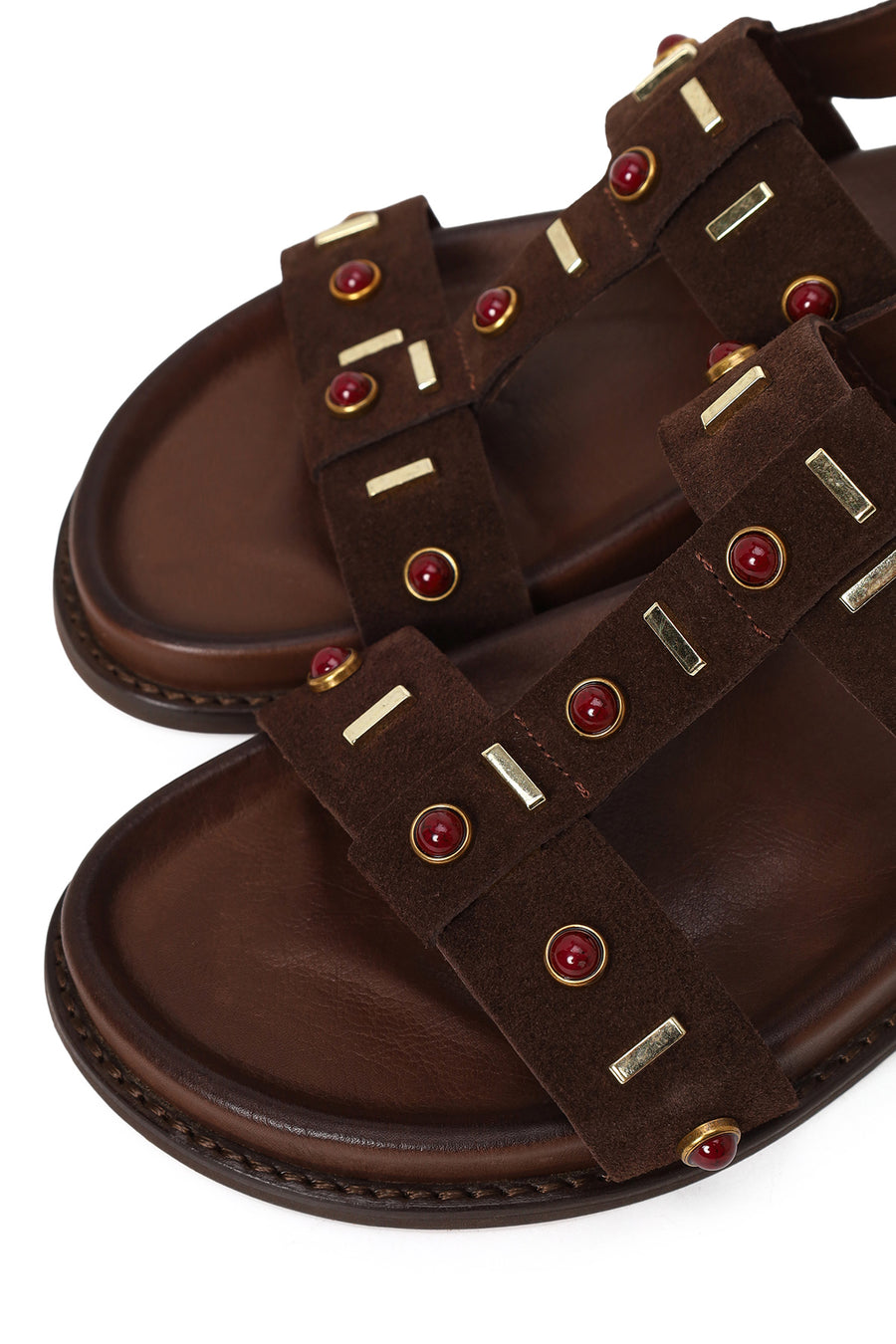 Woman Brown Stone-Embellished Suede Leather Sandals