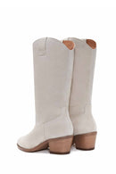 Women's Beige Suede Leather Heeled Cowboy Boots | Derimod