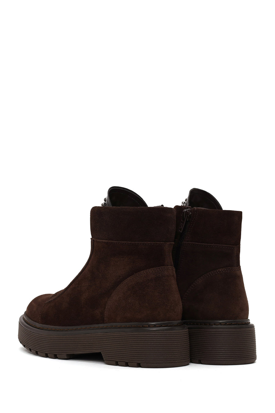 Woman Brown Zip Closure Embellished Chunky Sole Suede Boots