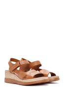 Women's Tan Thick Soled Leather Comfort Sandals with Ankle Strap | Derimod