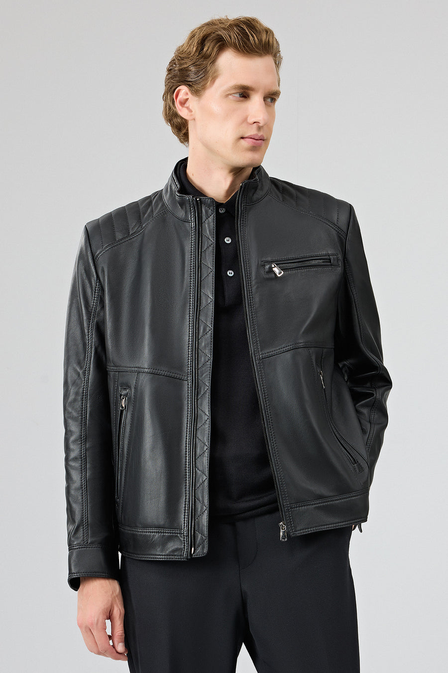 Tony Men's Black Mandarin Collar Short Leather Jacket