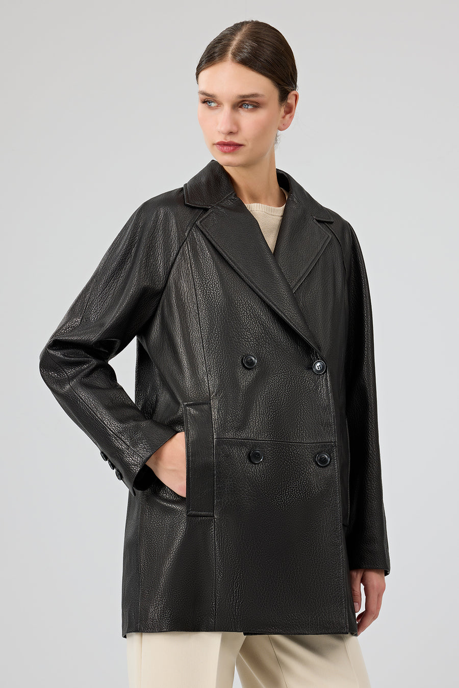 Wendy Women's Black Double Breasted Long Leather Jacket