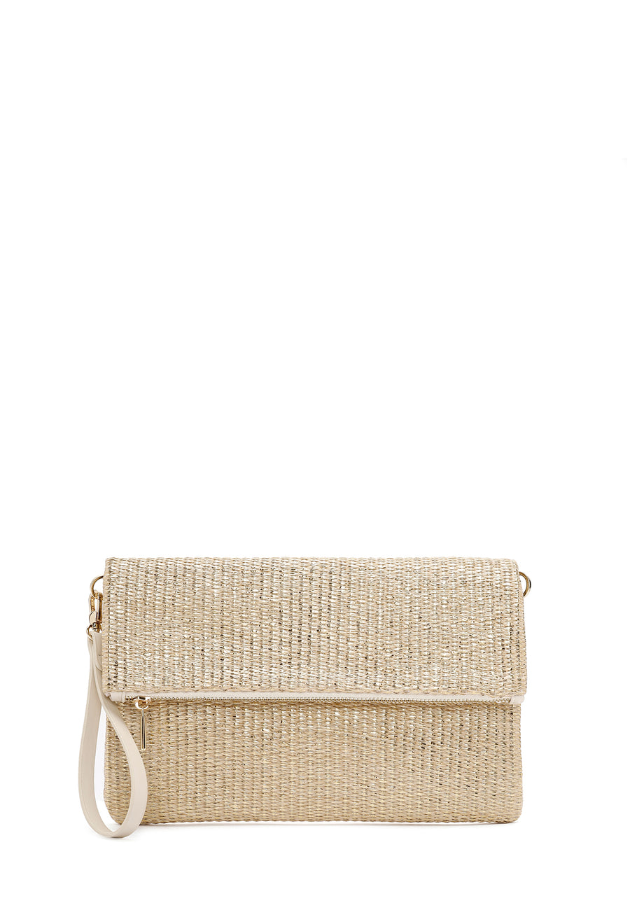 Women's Beige Long Chain Strap Straw Clutch Bag