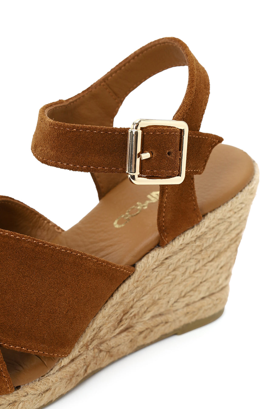Woman Tan Ankle Buckled Wedge Heel Suede Espadrilles Sandal