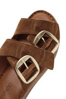 Women's Brown Buckle Suede Leather Slippers | Derimod