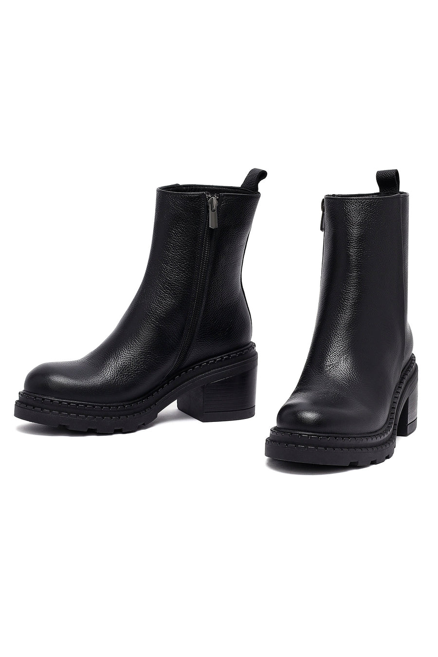Woman Black Zip Closure Thick-Heeled Leather Boots