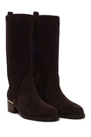 Woman Brown Short Thick-Heeled Suede Boots | Derimod
