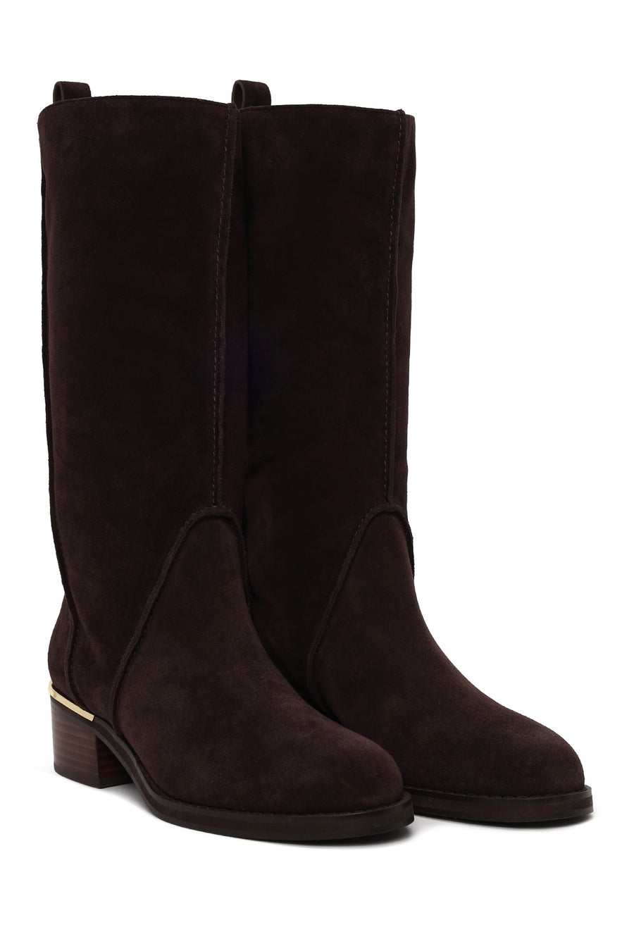 Woman Brown Short Thick-Heeled Suede Boots